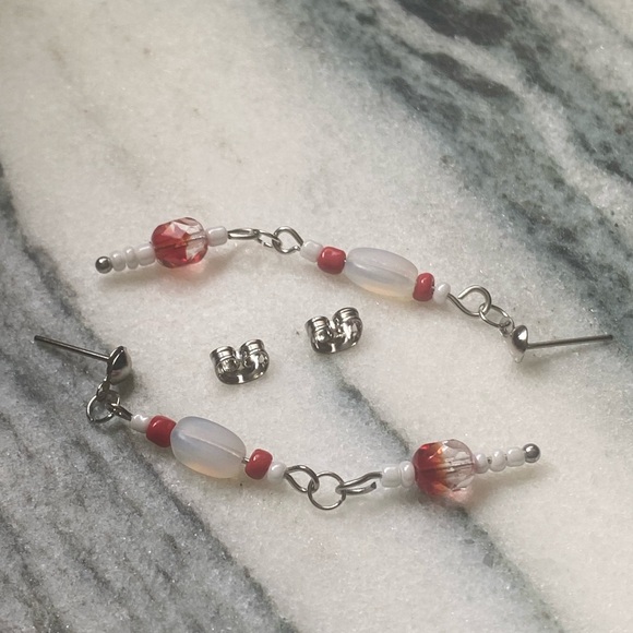 Sale 2 for $10 NWOT handmade red white beaded drop and dangle post earrings - Picture 6 of 6